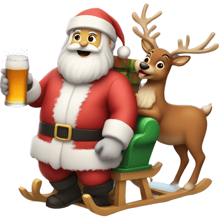 Santa holding beer on the sled with rudolph emoji