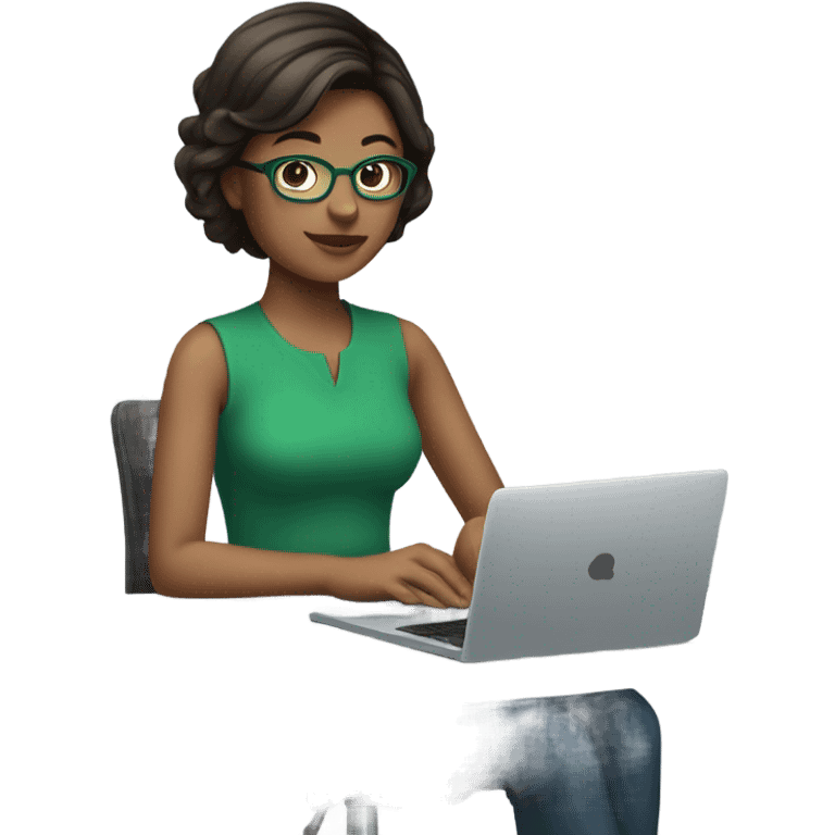 brunette girl with short hair in blue green clothes and glasses behind laptop  emoji