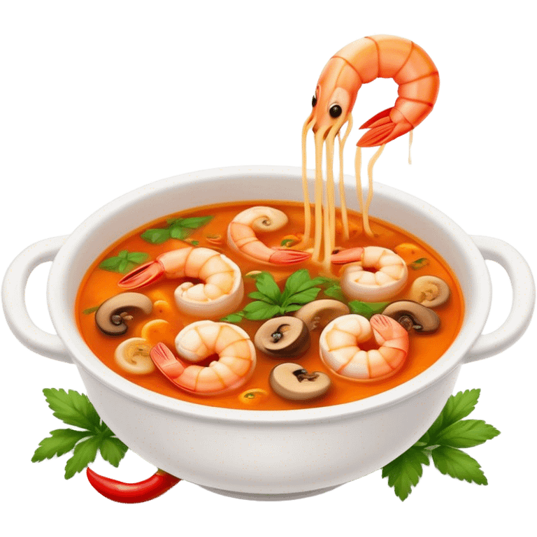 Cinematic Realistic Tom Yam Kung Soup Dish Emoji, showcasing a spicy, sour shrimp soup with herbs and mushrooms rendered with lifelike textures and bold, dynamic lighting. emoji