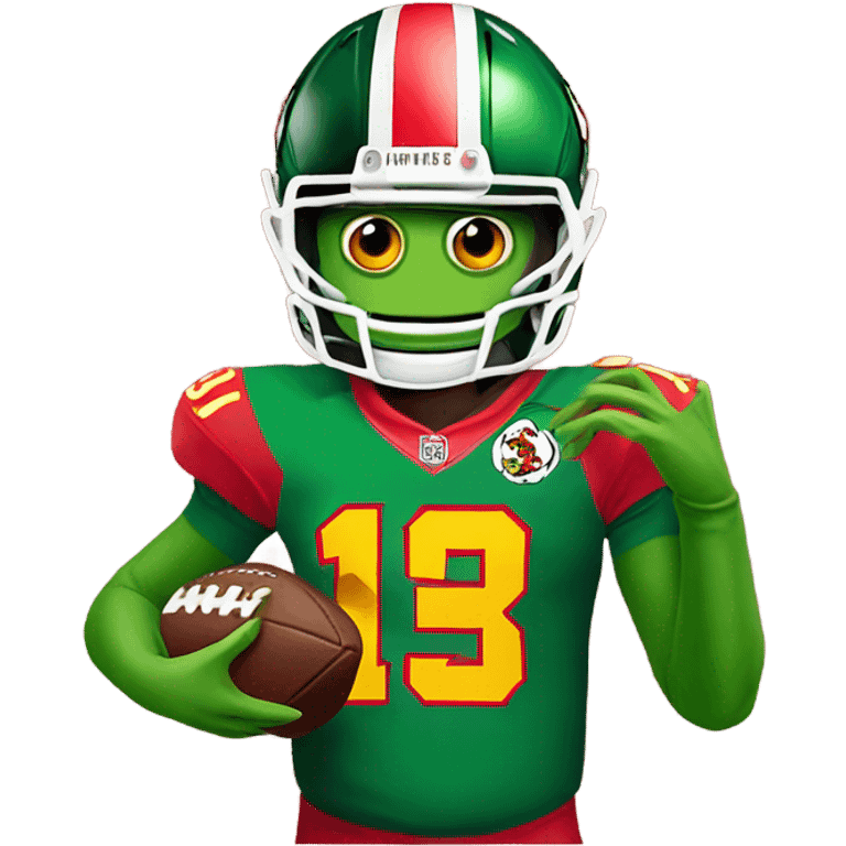 Kermit the Frog in a Patrick mahomes jersey holding a football emoji