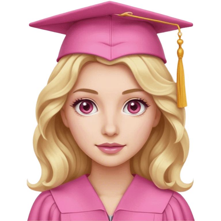 Blonde with wavy hair, a pink graduation cap, white skin and hazel eyes with pink makeup  emoji