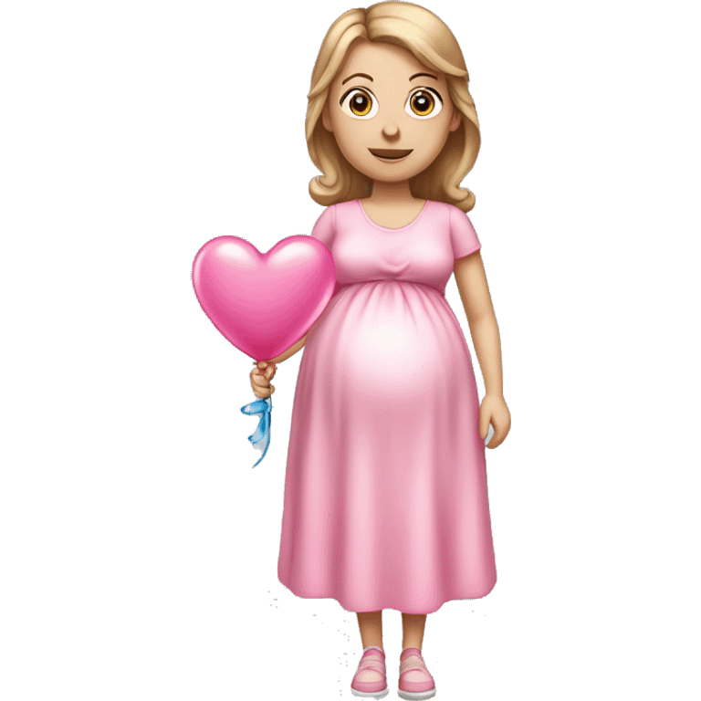 White pregnant lady, with Light Brown hair and blue eyes. She is wearing a pink dress and a bow,  standing and holding two pink heart balloons. emoji