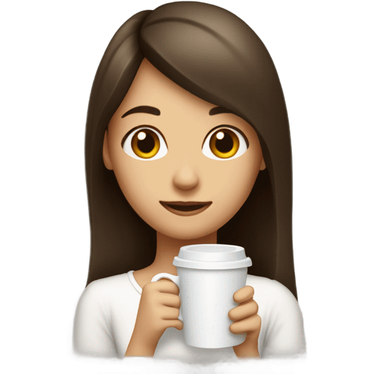 girl with brunette hair long and cute bang wearing a white top and drinking coffee  emoji