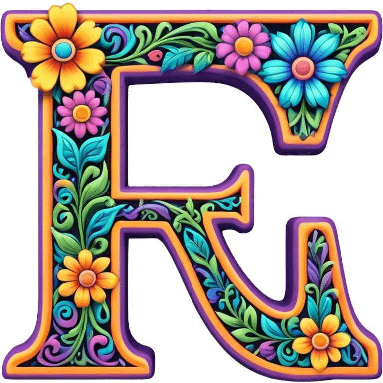 3D, gothic style psychedelic colored Letter T with hippie style flower border emoji