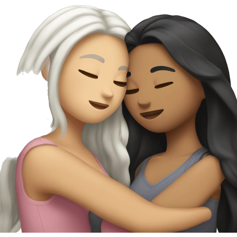 A lesbian couple who both have white skin and long black hair are hugging intimately. emoji