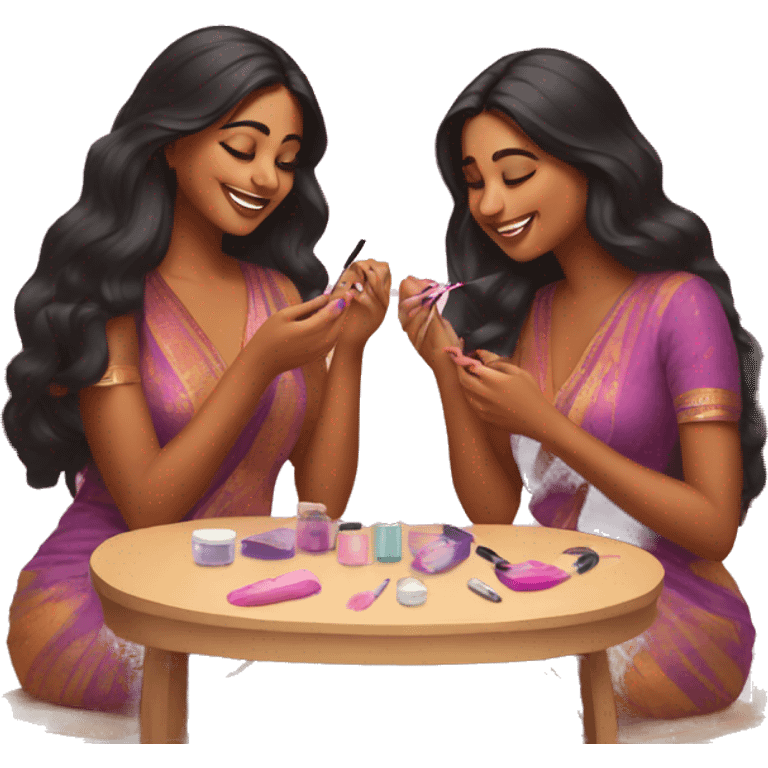 2 indian american girls painting their nails emoji