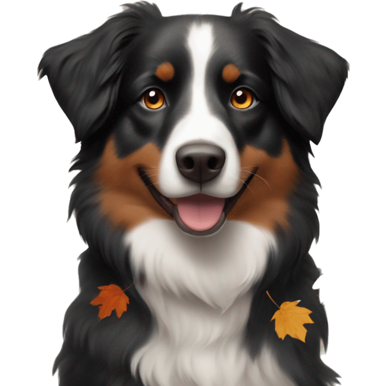 Small black australian shepherd dog wearing autumn leaves emoji