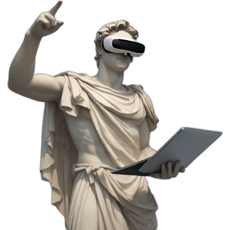 Roman sculpture with virtual reality goggles pointing his index finger to the sky and holding a laptop with his other hand emoji