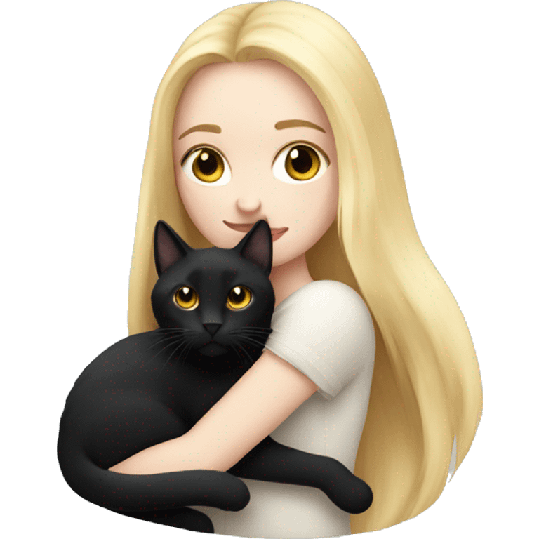 pretty woman with pale skin, very long blonde hair  hugging a black cat emoji