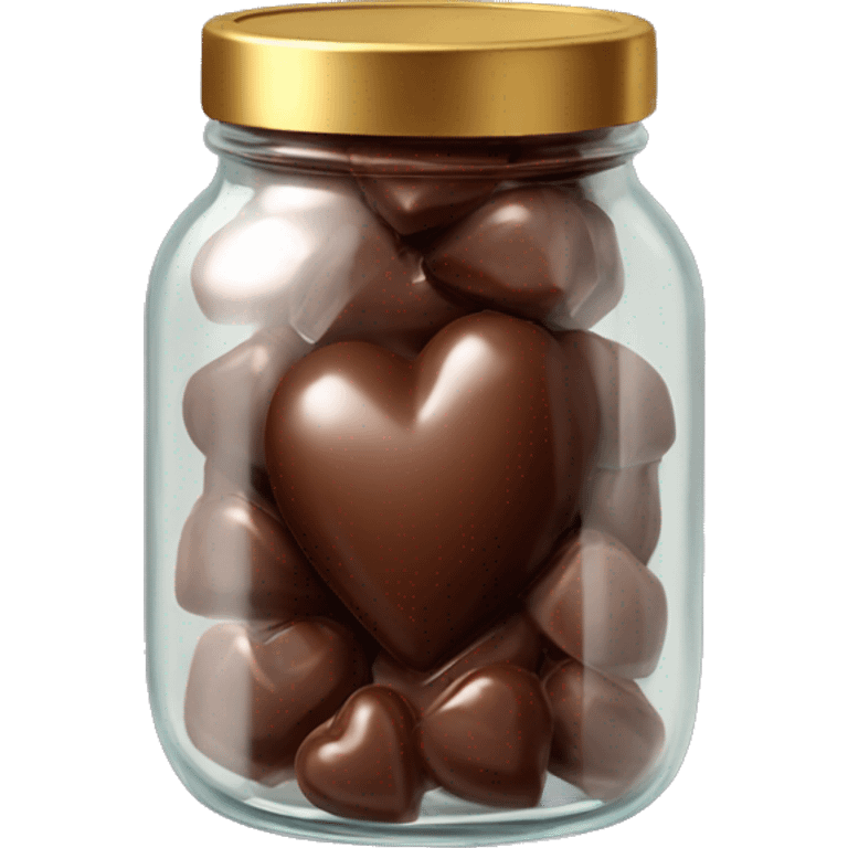 Realistic chocolate heart candies in a glass jar with a gold screw on lid on the top. emoji