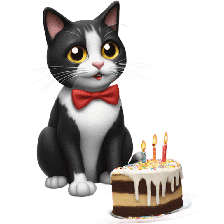 Tuxedo cat blowing out a birthday cake emoji