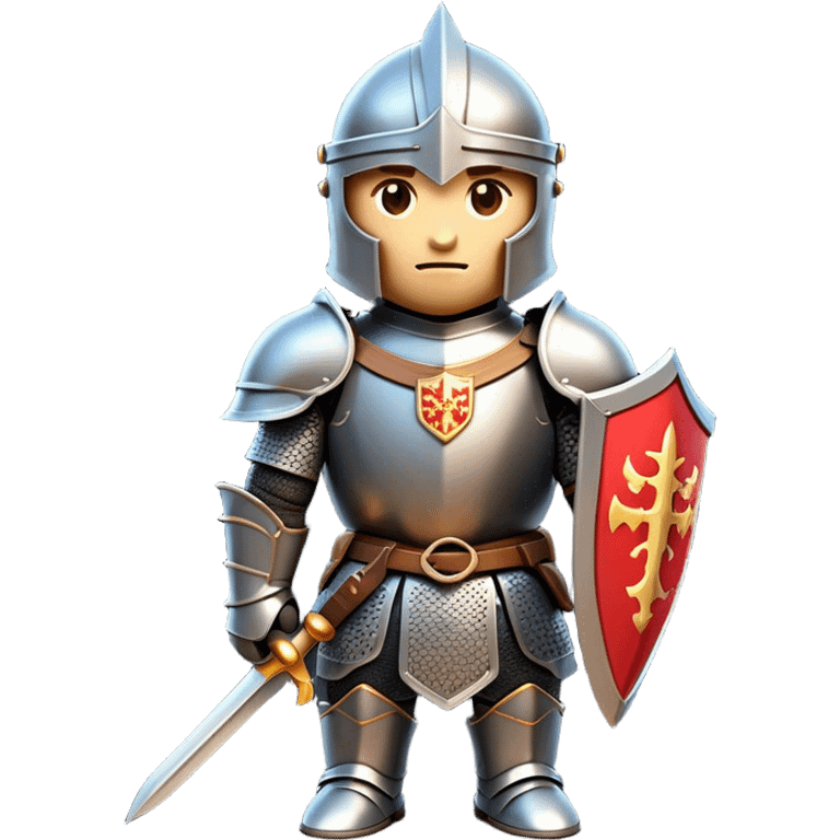 Clash of Clans aesthetic: Cinematic heroic Armored Knight Hero Emoji, rendered in a 3D vector-style similar to standard emojis with minimal shading and bold, simplified shapes. A compact, isometric warrior clad in gleaming plate armor with intricate heraldic details, softly glowing with a chivalrous medieval charm. Simplified yet unmistakably iconic, highly detailed and consistent, glowing with a soft radiant shine and high polish. Stylized with a touch of noble valor and a soft glowing outline, wearing a full face helm so that no face is visible with only eyes visible, capturing the essence of a gallant knight ready for honorable battle with a friendly, playful manner! emoji