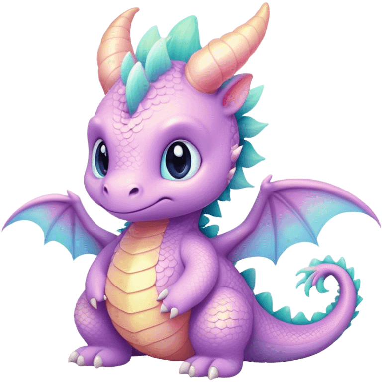 Cinematic fluffy pastel dragon, tiny round wings, chubby feet, sparkling gentle eyes, delicate glowing scales, soft colors blending magically, enchanting and whimsical. emoji