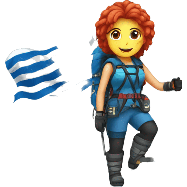 a red hair female mountaineer summitting ice peak with greek flag emoji