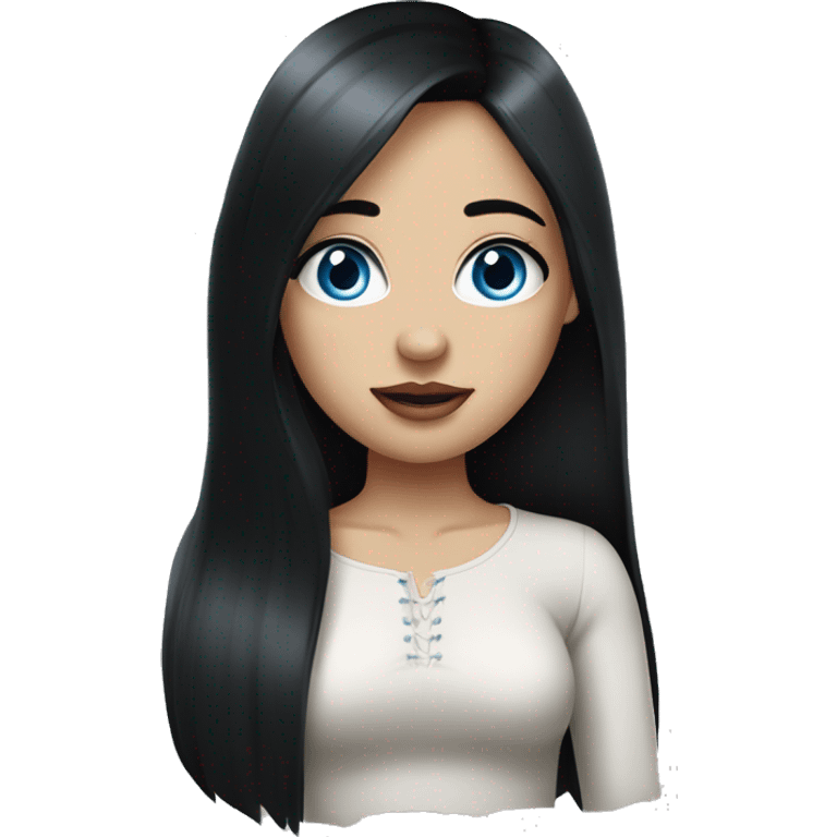 a girl with fair skin, straight long black hair, blue eyes, standing, very beautiful, very hot, plump lips and eyelashes emoji