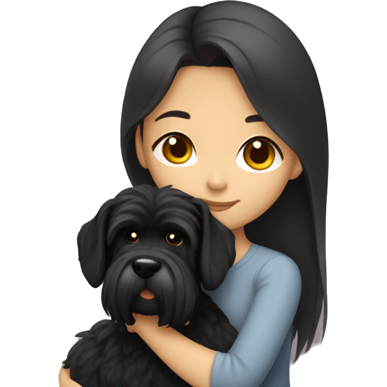 Asian girl with long hair cuddling with black schnauzer emoji