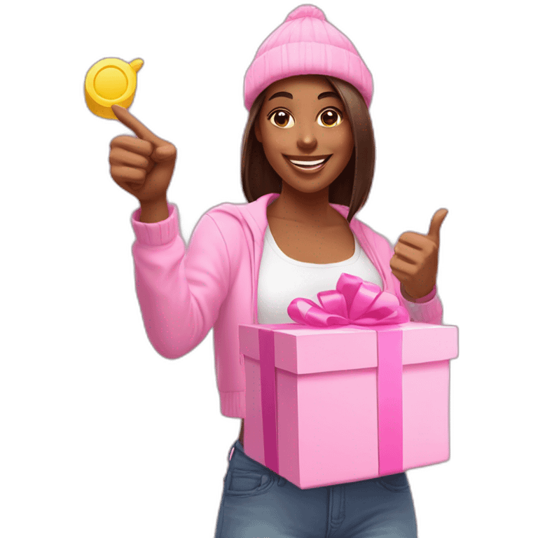 influencer promoting a pink gift box in her arms and thumb up emoji