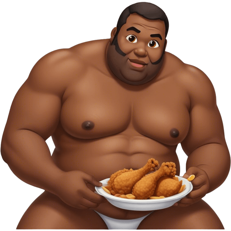 Big fat black shirtless man eating chicken emoji