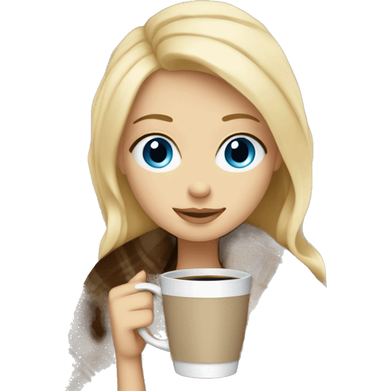 Blonde hair blue eyes girl wrapped in cozy blanket with coffee emoji