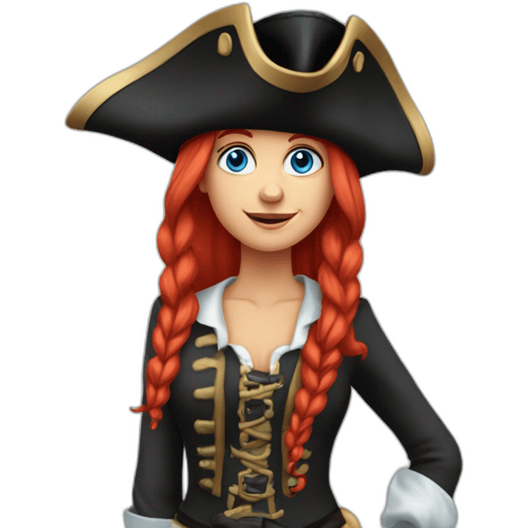 Woman long red platted hair, hair to one side. pirate hat. One side of head has no hair. Blue eyes. skull and crossbones t shirt emoji