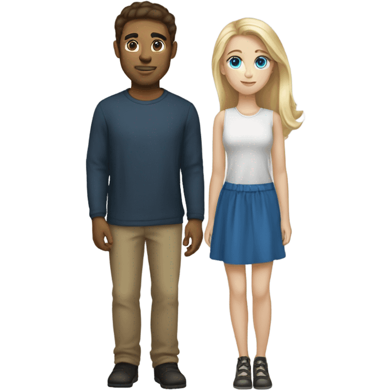 A blonde haired girl with her boyfriend who has dark brown colored hair. They both have blue eyes  emoji