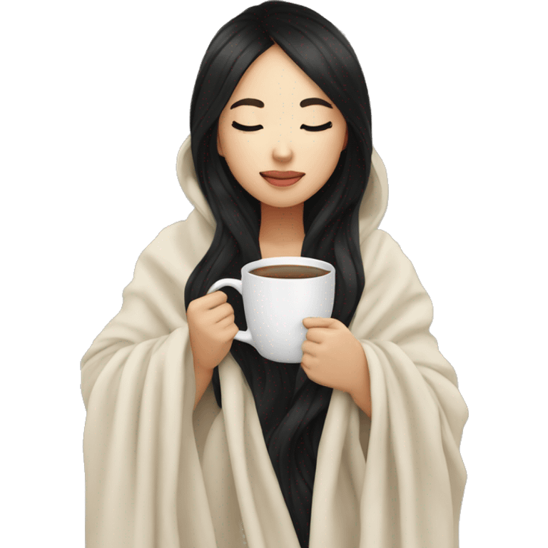 Asian girl inside a blanket sipping coffee eyes closed black hair emoji