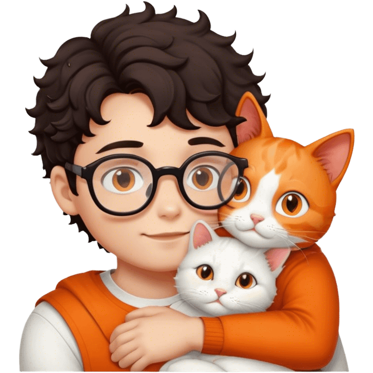 Boy with curl dark hair and glasses hugs white and orange cat emoji