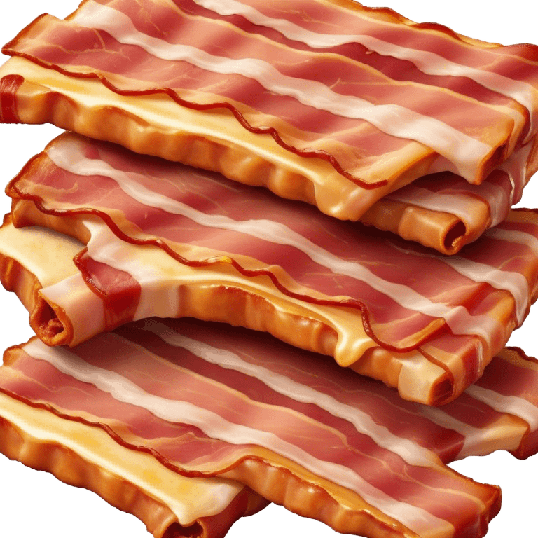 Cinematic crispy sizzling bacon, slightly curled, golden-brown with a perfect crunch, glistening with rich flavor, deep warm tones, served on a breakfast plate, comforting and indulgent. emoji