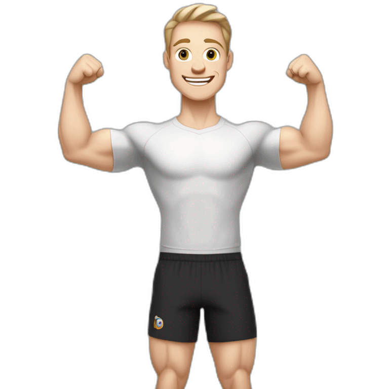 Joyful Celebrating victory Pale skinned Fit Man With the biceps and dark brown hair in black shirt, gray sports shorts and white Sneakers emoji