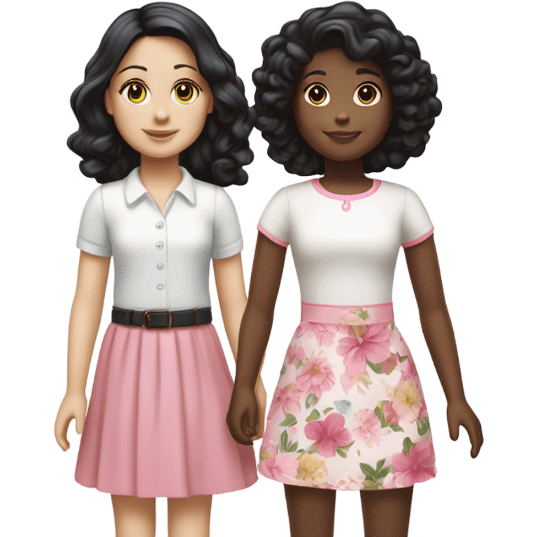  one  girl with short straight black hair and pale skin with white shirt and pink skirt on, one American girl with long curly dirty blond hair and a floral dress on.  Both are friends emoji