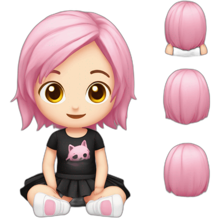 Full body Front view curvy emo girl pink hair sits on the floor straight view hands up black skirt белые трусики полосатые рваные чулки emoji