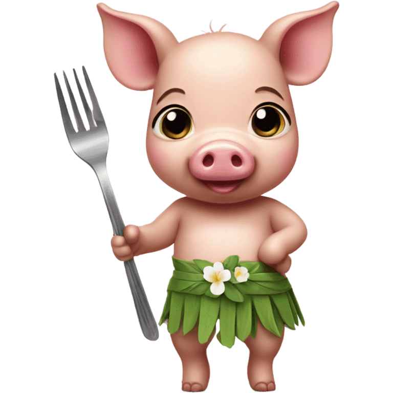 Baby pig wearing a hula skirt holding a fork emoji