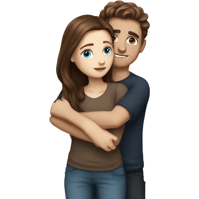 Realistic white girl with long brown hair and white boy with dark brown hair and blue eyes hugging  emoji