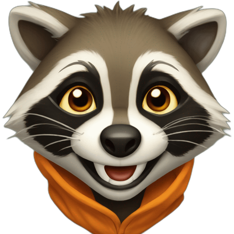 brown raccoon with orange eyes and a dark green hood that is laughing emoji