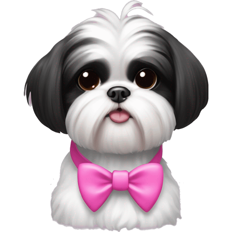 Black and white shih tzu with pink bow and collar that says “Zoe” emoji