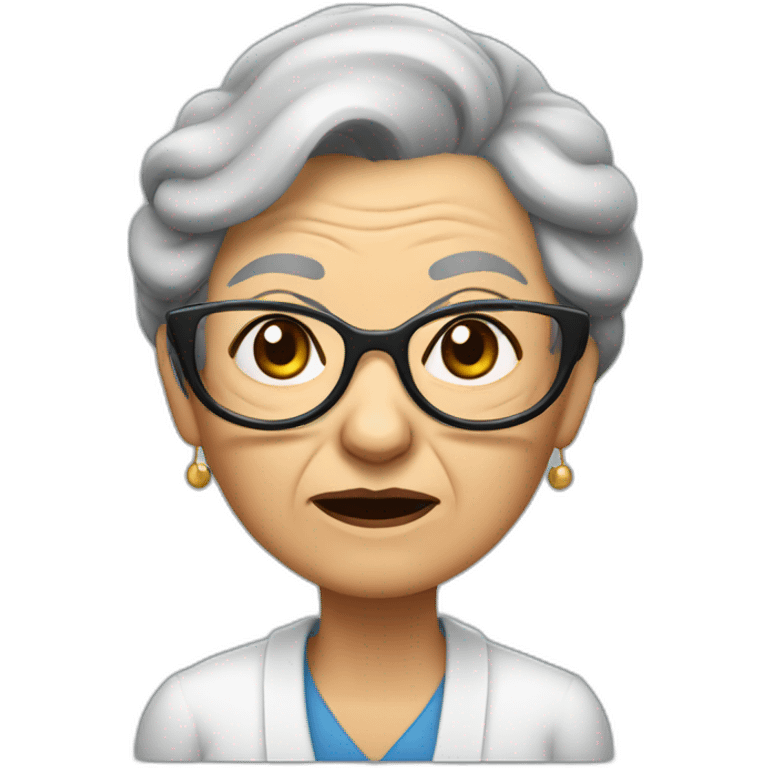 An elderly woman with raised eyebrows and a dissatisfied face. She has dark hair that is pulled into a bun at the back and she is wearing cat-like glasses. emoji