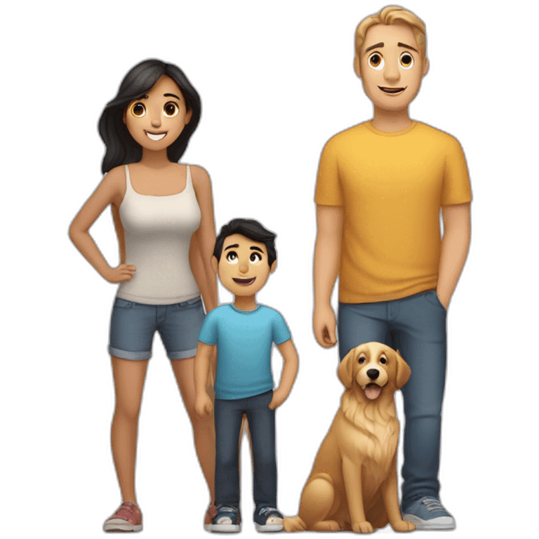 Family; -young skinny Caucasian brunnet dad-, -young Caucasian black haired dad-,-golden retriever- emoji