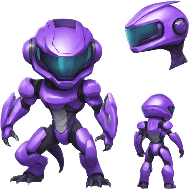 A purple Reptile-Raptor-Genesect-Mewtwo-Fakémon, with a futuristic visor-helmet, wearing a techwear-suit, Full Body emoji