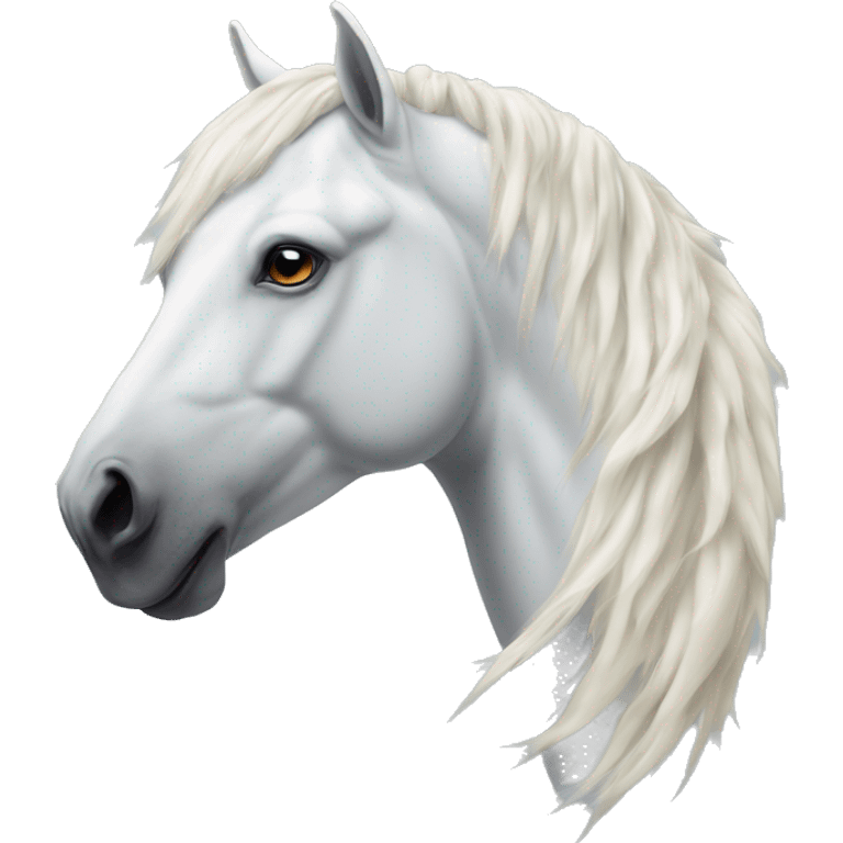 A white horse with a beautiful mane stands turning its head to the left next to the sacred Yakut serge emoji