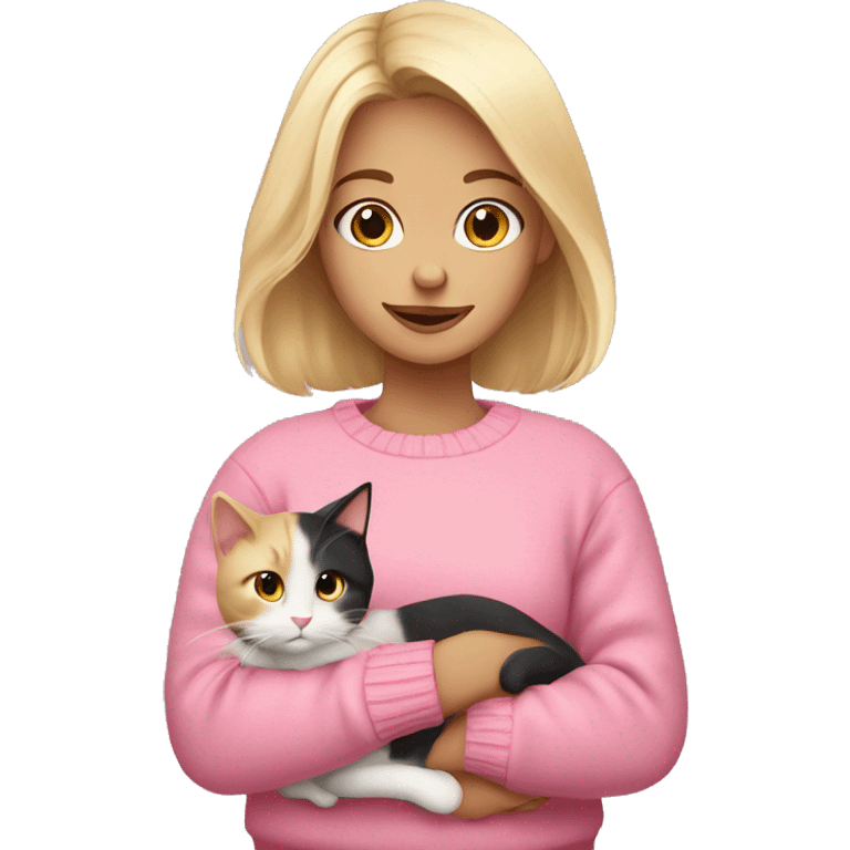 Blonde girl with a pink sweater holding a calico cat emoji