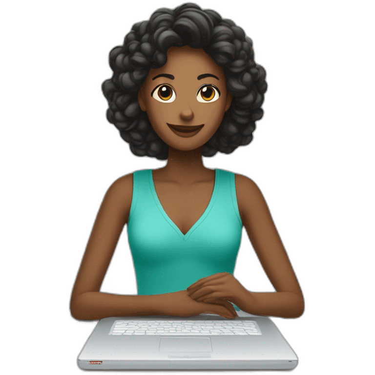 A woman who has laptop on table and has cricut maker3 on one side and craft supplies on other side emoji