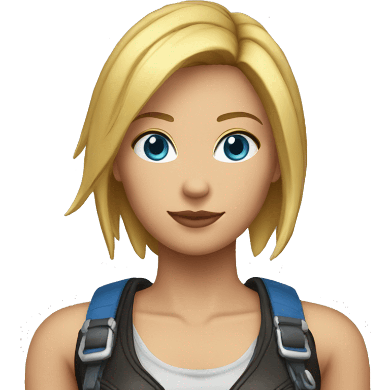 Aya Brea, woman, blonde hair, short hair, blue eyes, big breasts, slim body, leather vest, blue jeans. emoji