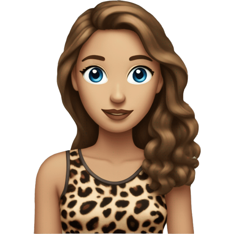 blue eyed women with long brown hair wearing a leopard print top emoji