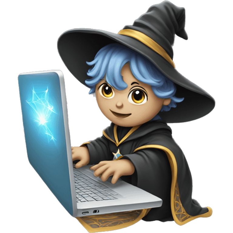 a cute baby wizard using laptop emoji