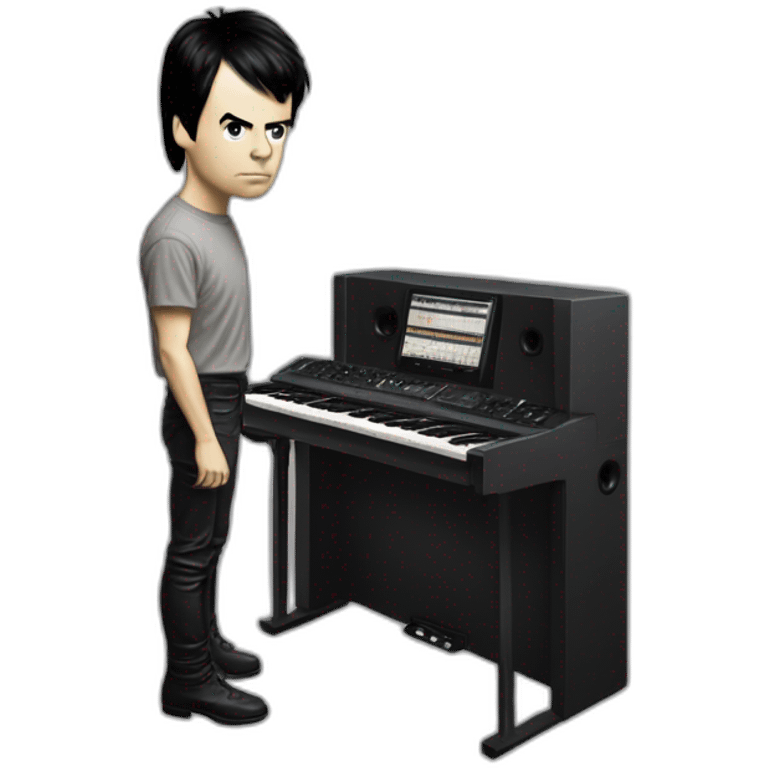 photo-realistic Gary Numan in 1979, standing upright, playing a Mini Moog, front-view perspective, emoji