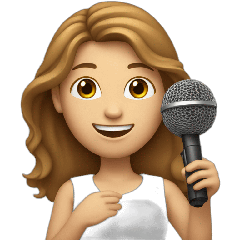 Caucasian girl with long Brown hair holding a michophone singing happy emoji