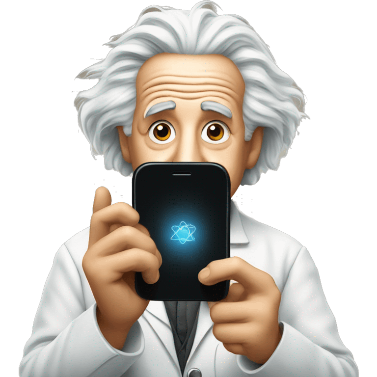 Albert Einstein holds a cell phone in his hands emoji