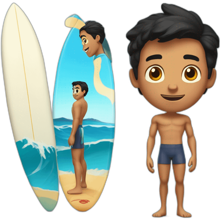 emote with pixar style 3d illustration of a man with tanned skin, black hair, fade haircut and brown eyes, surfing emoji