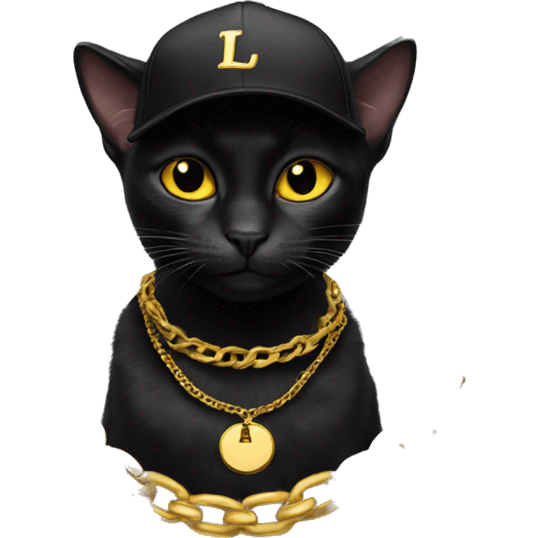 Black cat with LA fitted cap on and gold chains emoji