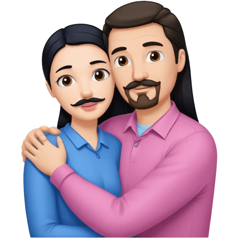 Tall white man with brown mustache goatee wearing blue AND a short pale woman with long black hair wearing pink, hugging emoji